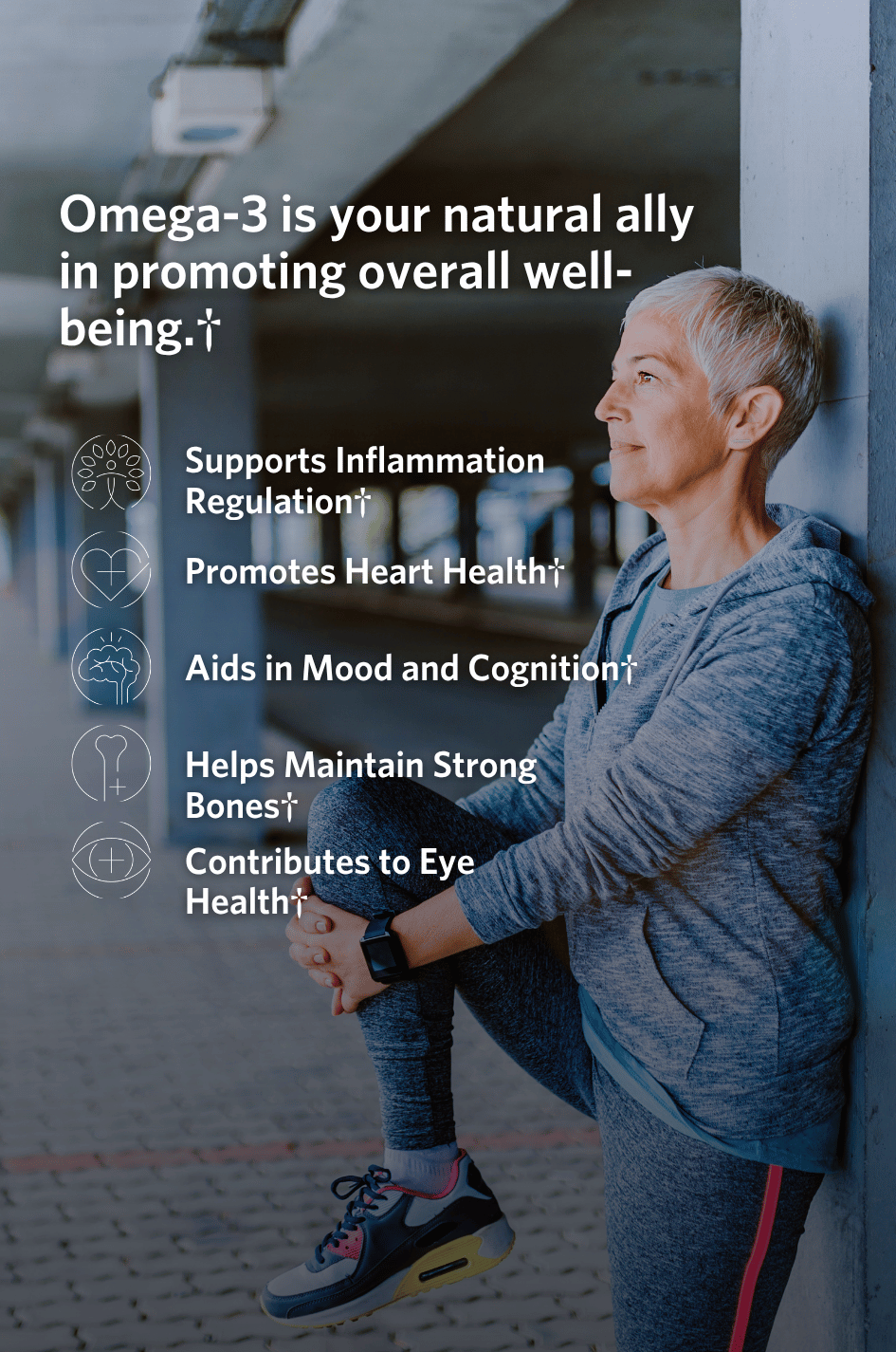 Woman stretching outdoors with text about the benefits of the Cooper Complete Advanced Omega-3 supplement.