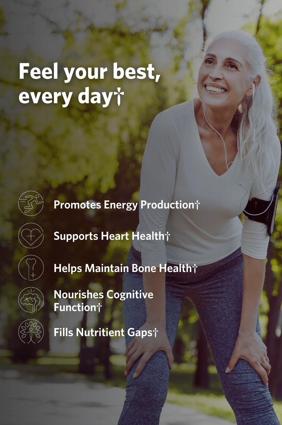 Woman exercising outdoors with health benefits text overlay for Cooper Complete Original Comprehensive Iron Free Multivitamin.