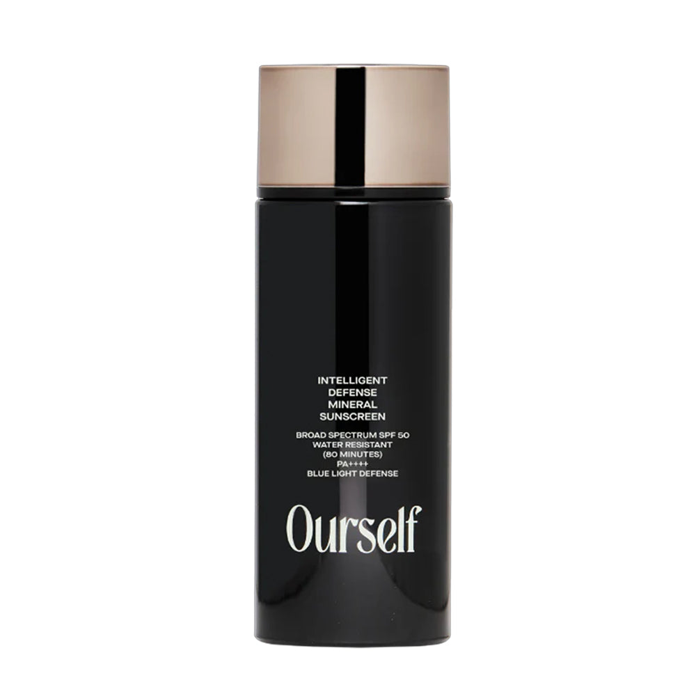 A black bottle of Ourself Intelligent Defense Mineral Sunscreen with 80-minute water resistant broad spectrum SPF 50 and blue light defense.