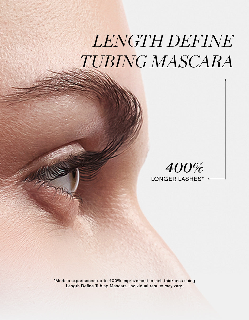 Close up of model's eyes wearing RevitaLash Length Define Tubing Mascara for 400% longer lashes.