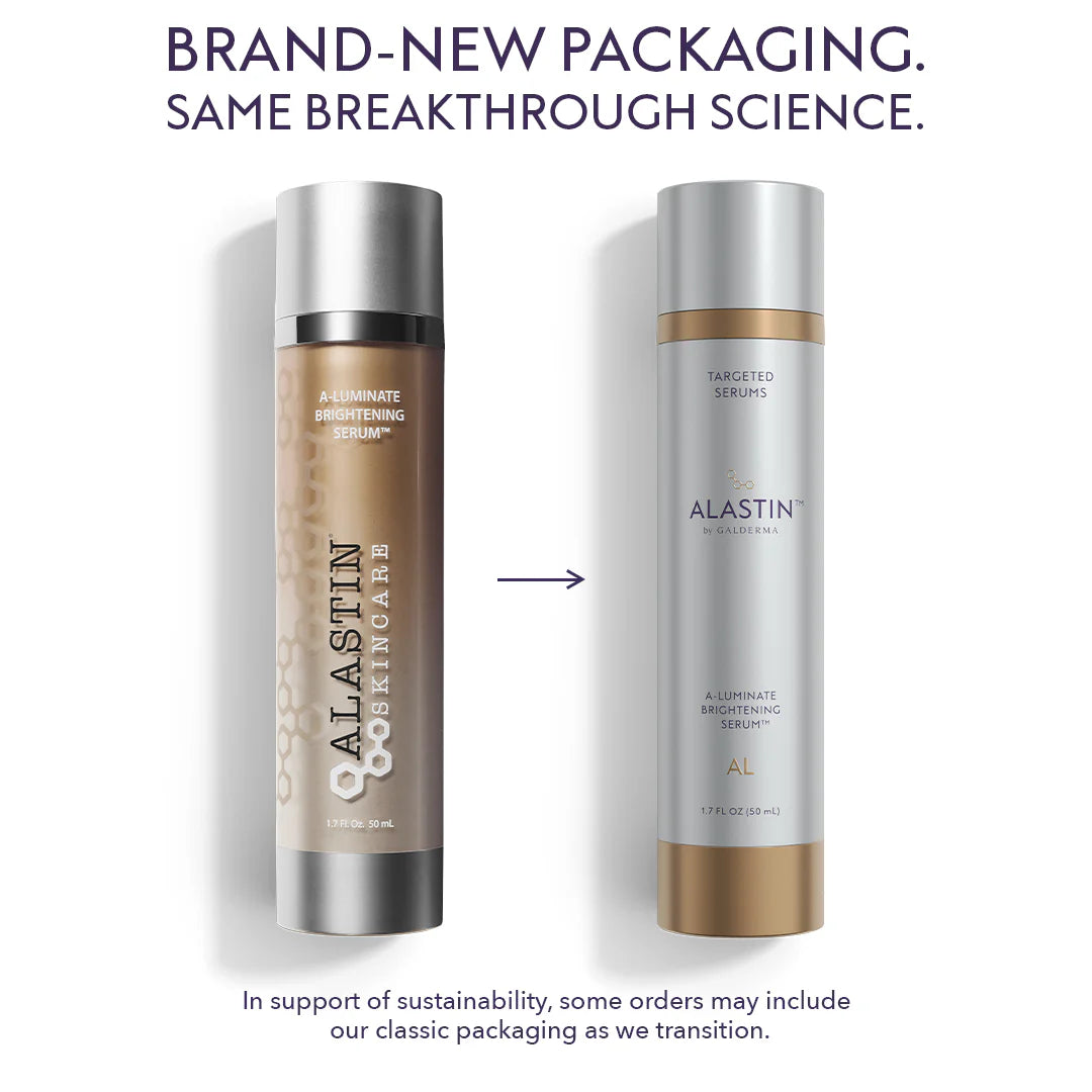 Old and new Alastin A-LUMINATE Brightening Serum bottles with same breakthrough science.