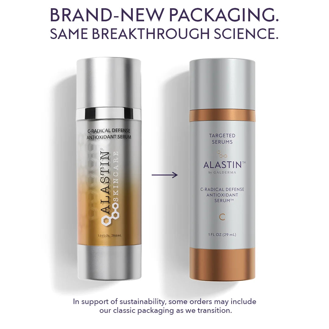 Old and new packaging of Alastin C-RADICAL Defense Antioxidant Serum with the same breakthrough science.