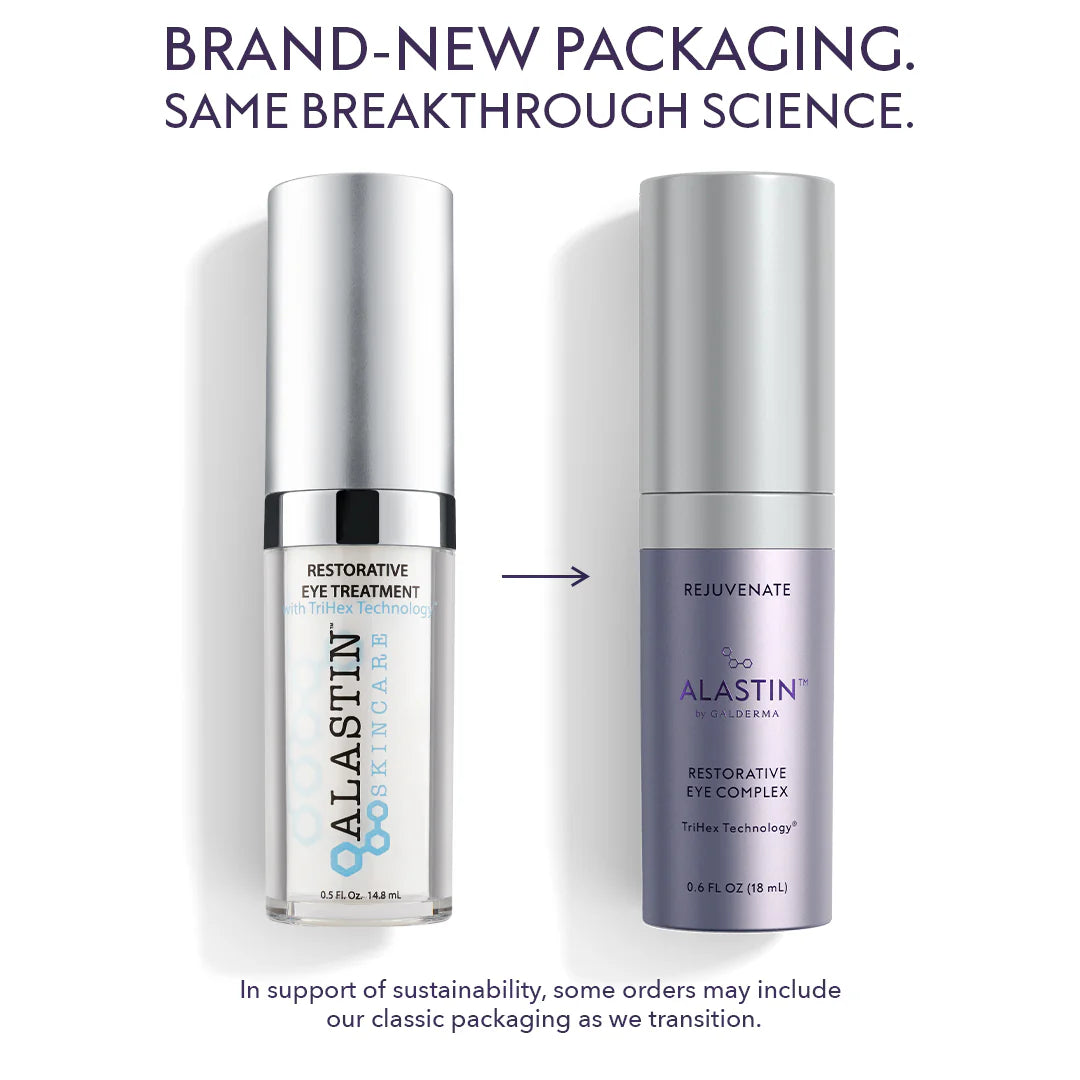 Old and new Alastin Restorative Eye Complex bottles with same breakthrough science.