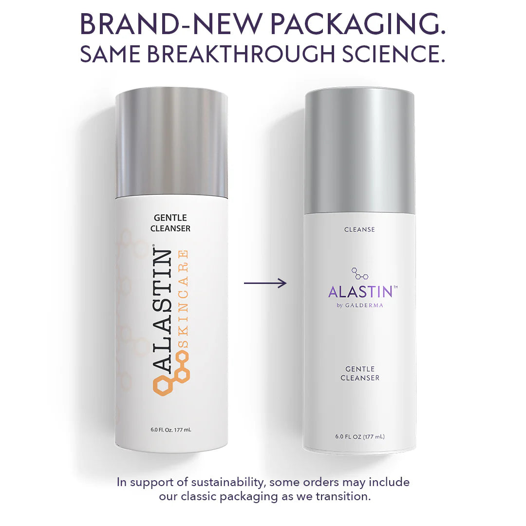 Old and new Alastin Gentle Cleanser bottles with the same breakthrough science.