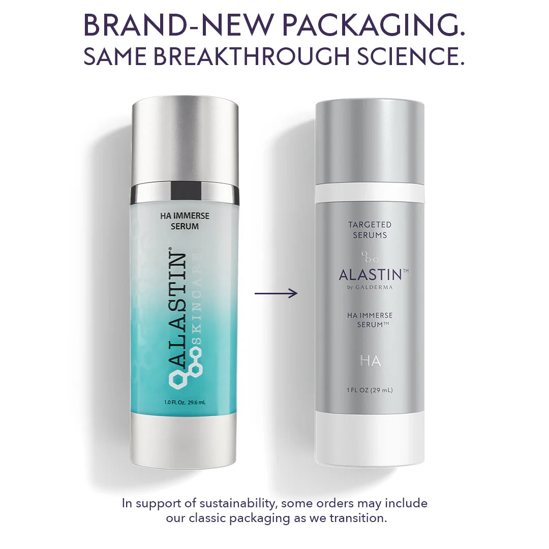 New and old bottles of Alastin HA IMMERSE Serum with same breakthrough science.