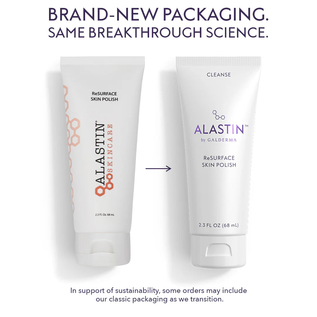 Old and new bottles of Alastin ReSURFACE Skin Polish with the same breakthrough science.