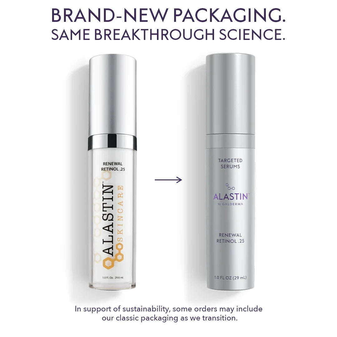 Old and new bottles of Alastin Renewal Retinol with the same breakthrough science.