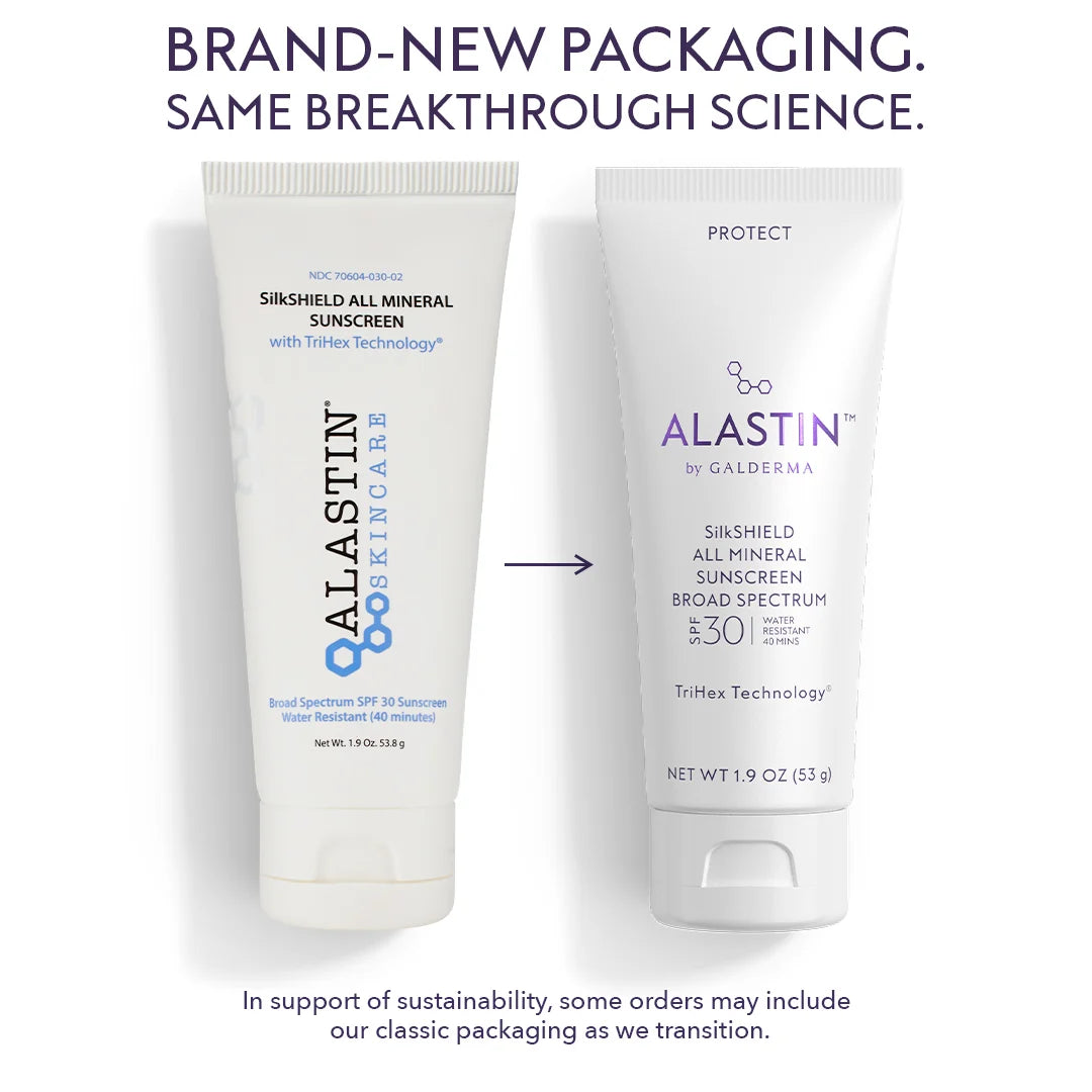 Old and new bottles of Alastin SilkSHIELD All Mineral SPF 30 with same breakthrough science.