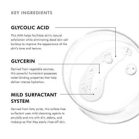 Close up swatch of SkinCeuticals Purifying Cleanser and its key ingredients glycolic acid, glycerin, and mild surfactant system to refresh skin and remove impurities.