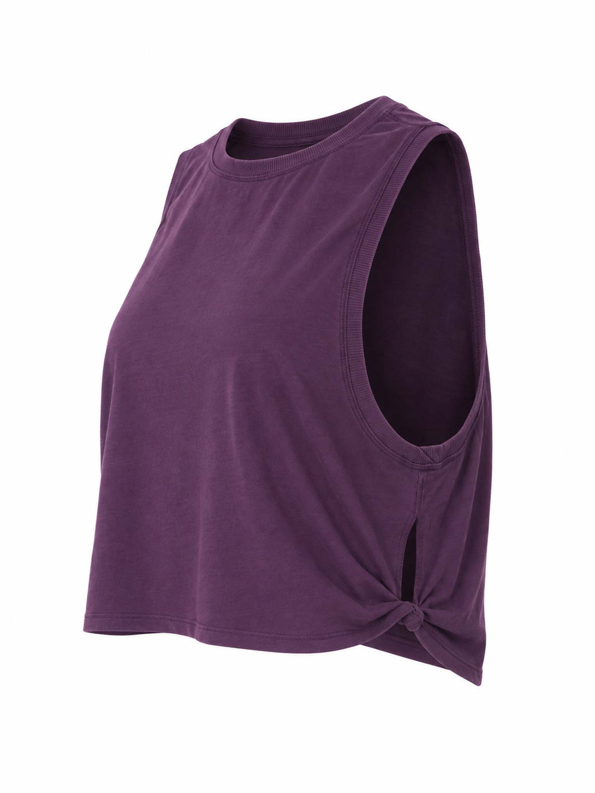 Side angled view of Be Fit women's Pima Cotton Relaxed Side Knot Tank in Purple Iris.