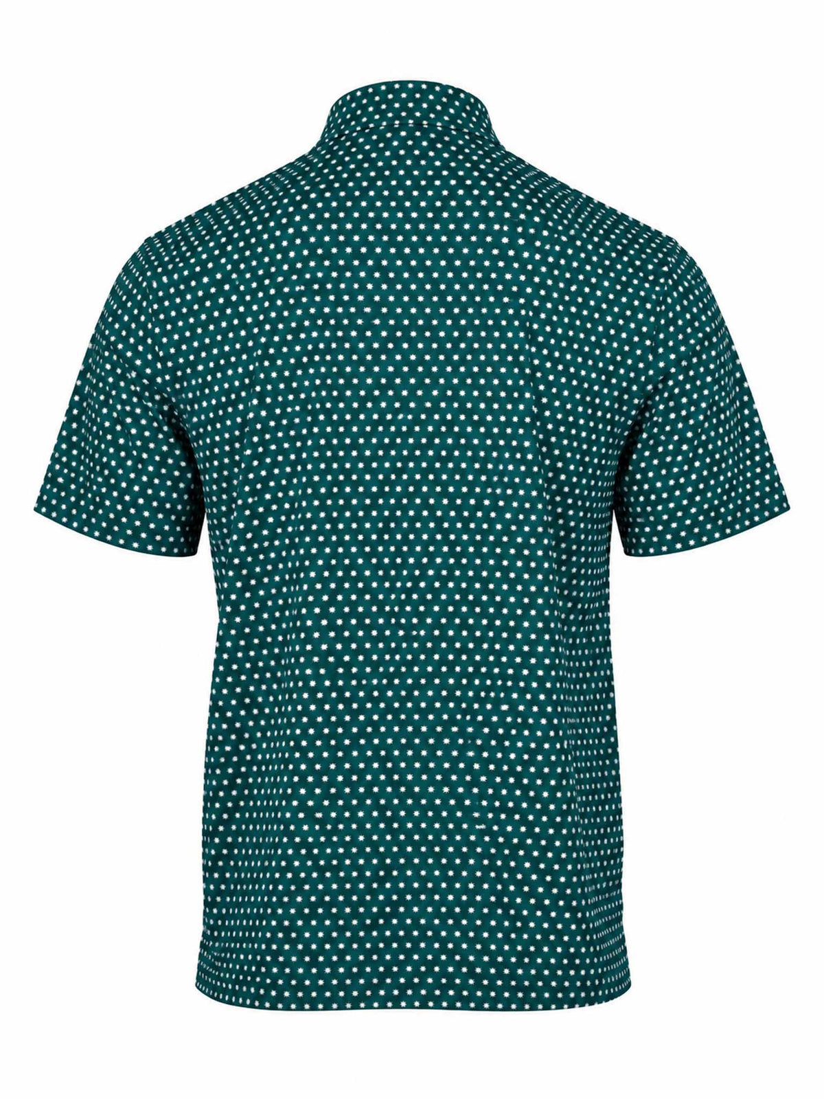 Back view of the Be Fit men's Pinwheel Print Polo in Jasper green.
