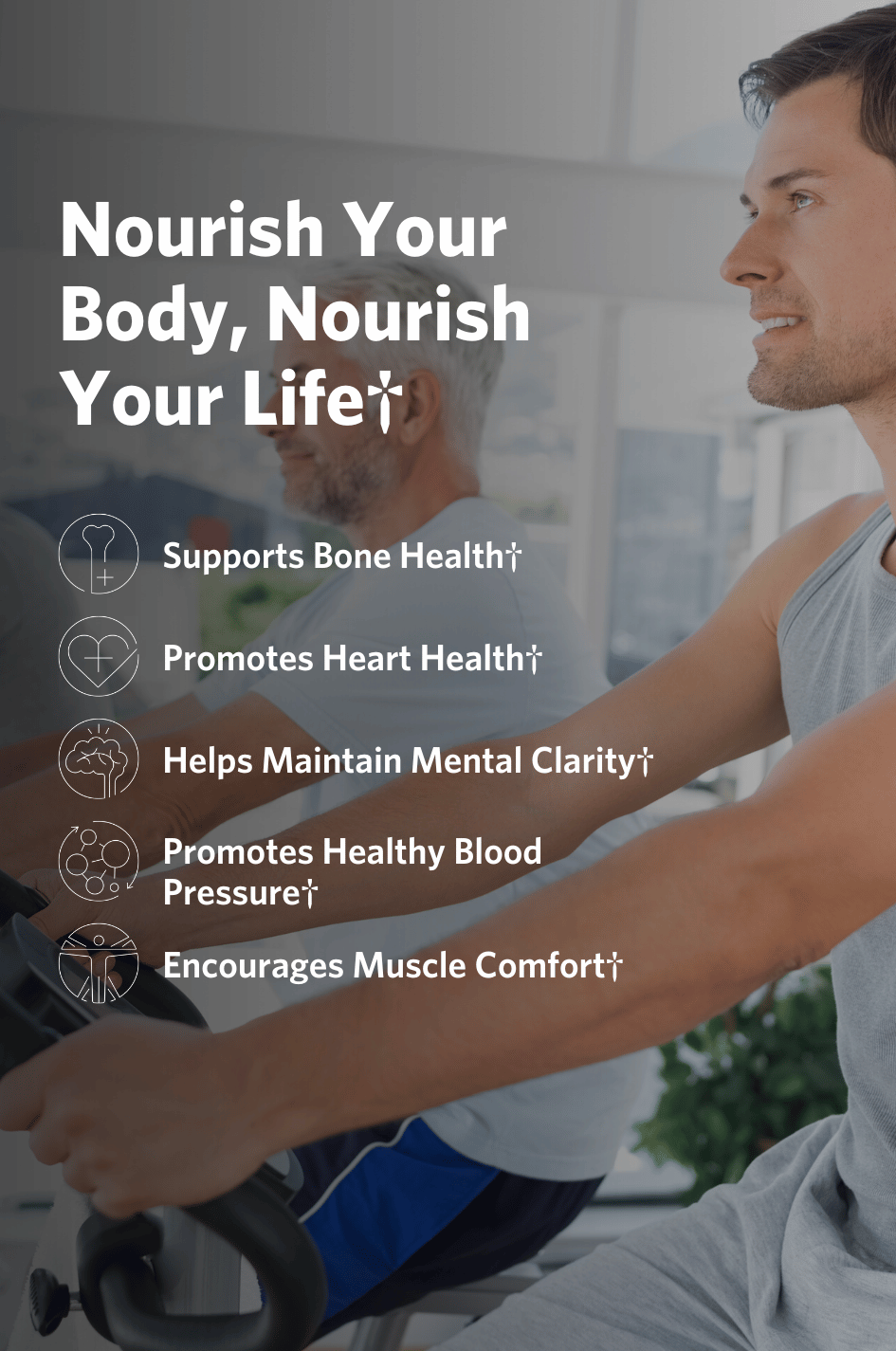 Man exercising on a bike with health benefits text overlay for Cooper Complete Potassium Complex.