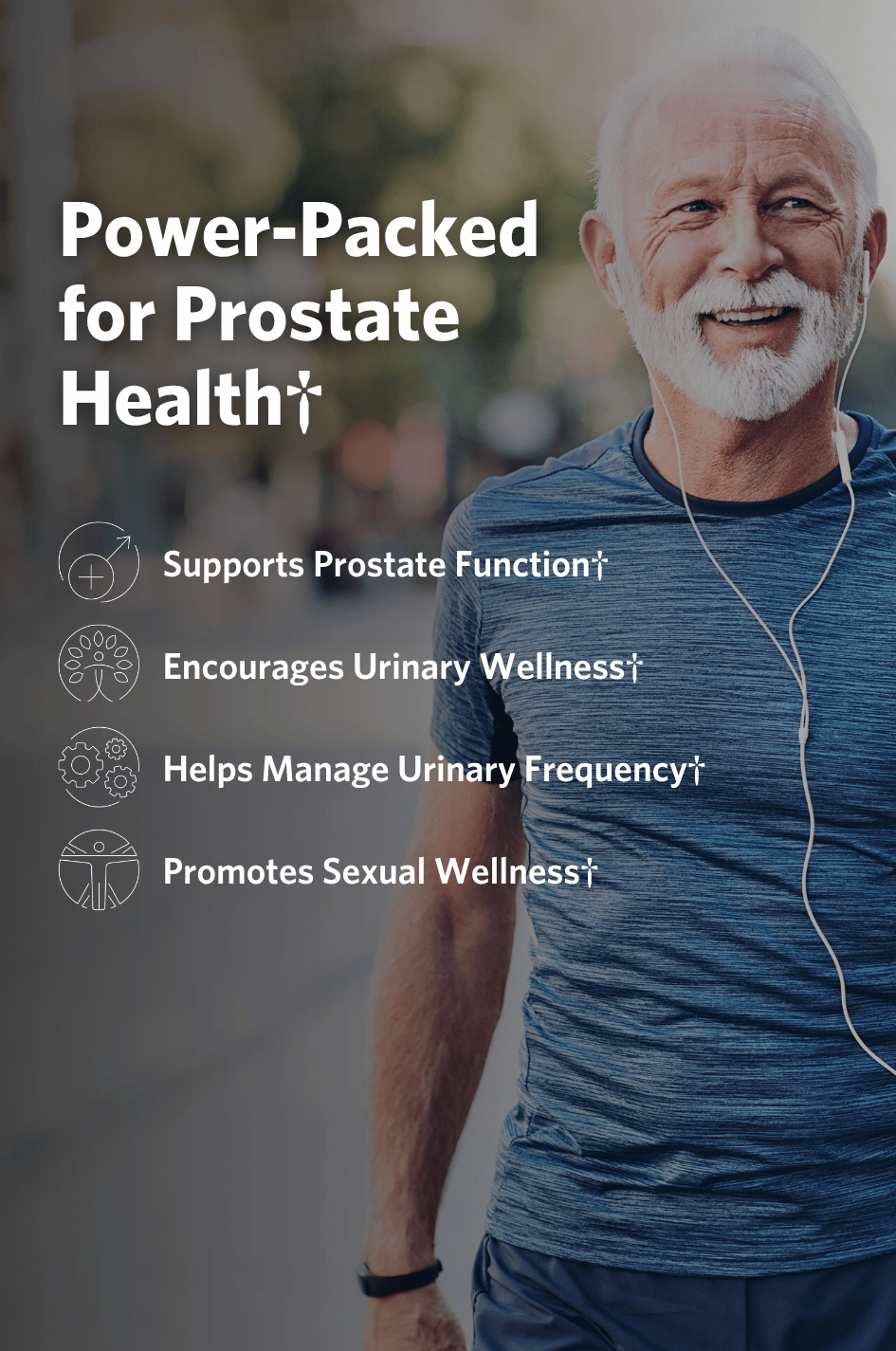 Man exercising outdoors with text about Cooper Complete Prostate Health supplement health benefits on a dark background