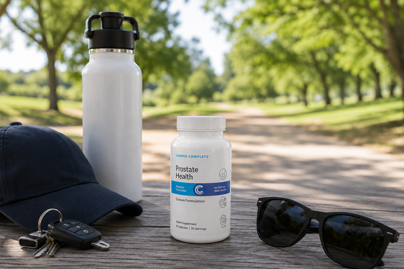 A bottle of Cooper Complete Prostate Health supplement for men displayed outdoors on a wooden table beside a reusable water bottle, sunglasses, keys, and a baseball cap.