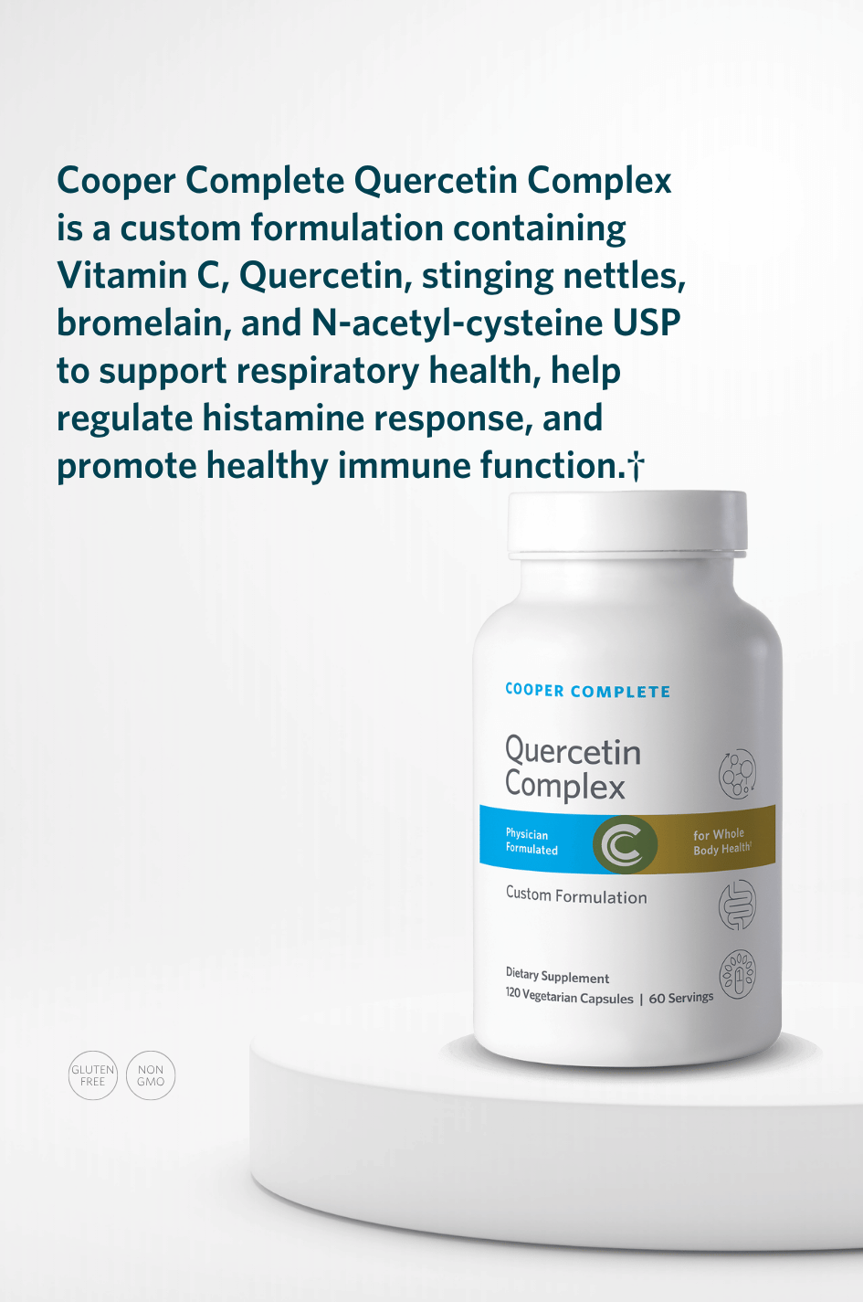 Cooper Complete Quercetin Complex supplement bottle with key product benefits.