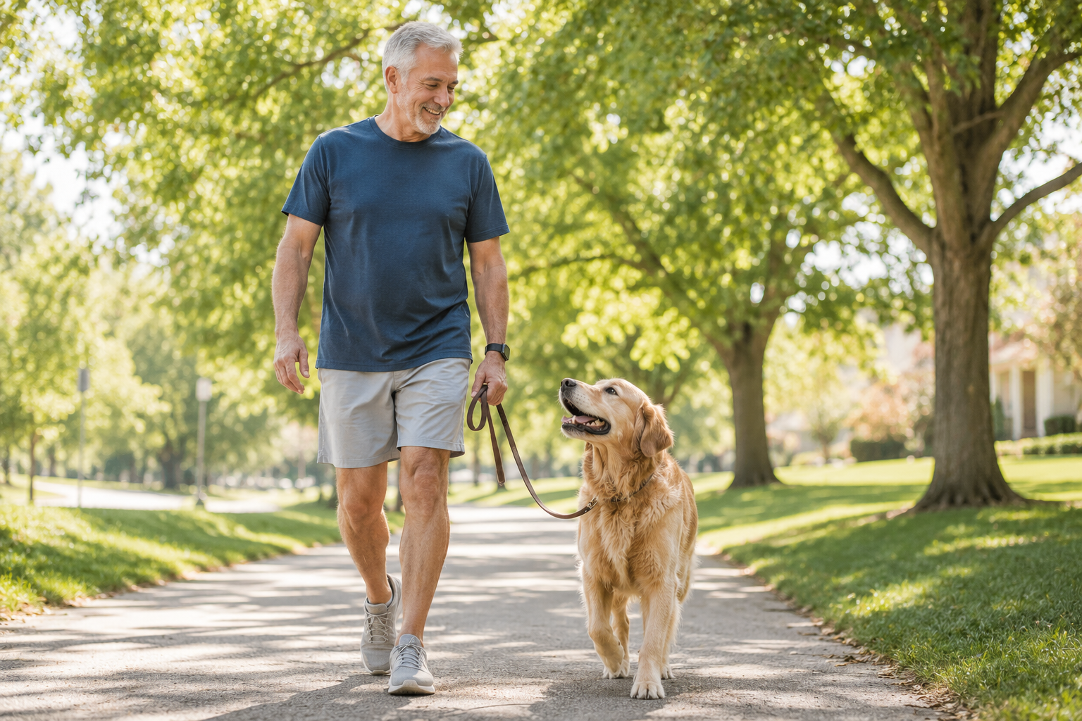 A healthy aging man enjoying a walk with his golden retriever in a scenic tree-lined neighborhood.