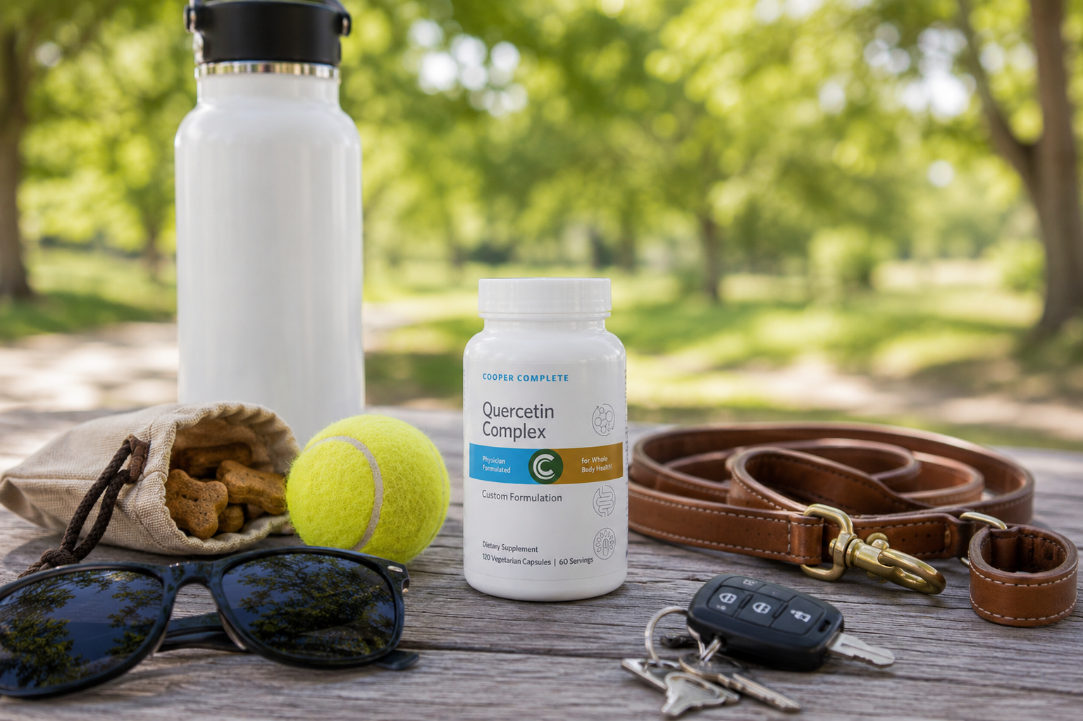 A bottle of Cooper Complete Quercetin Complex displayed outdoors on a wooden table with a reusable water bottle, dog leash, tennis ball, dog treats, keys, and sunglasses.