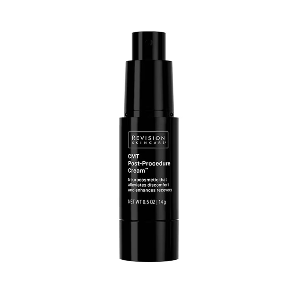 A black pump bottle of Revision Skincare CMT Post-Procedure Neurocosmetic Cream that alleviates discomfort and enhances recovery,0.5 oz.