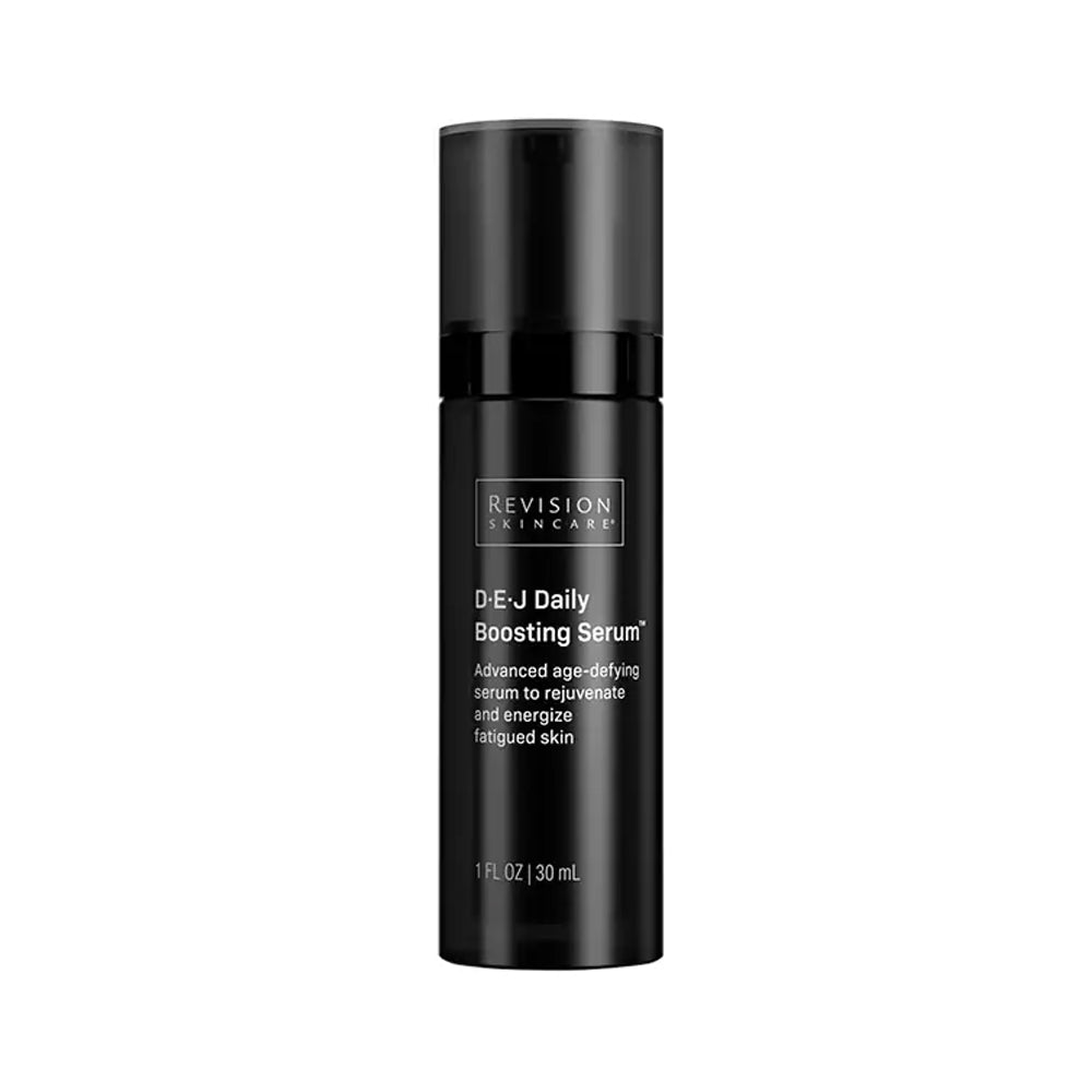 A black bottle of Revision Skincare DEJ Daily Boosting advanced age-defying Serum to rejuvenate and energize fatigued skin, 1 fl oz.
