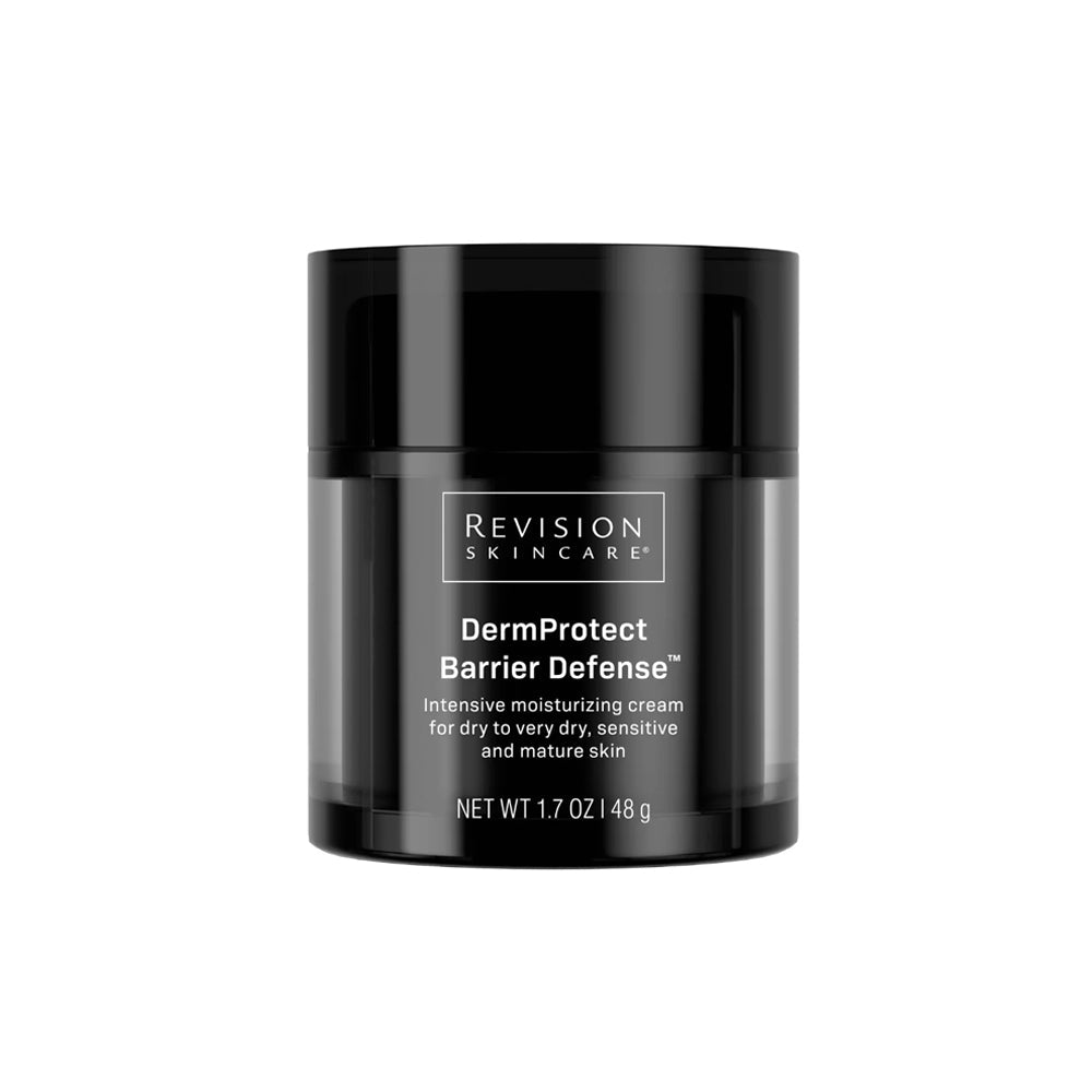A black tub of Revision Skincare DermProtect Barrier Defense intensive moisturizing cream for dry to very dry, sensitive, and mature skin, 1.7 oz.