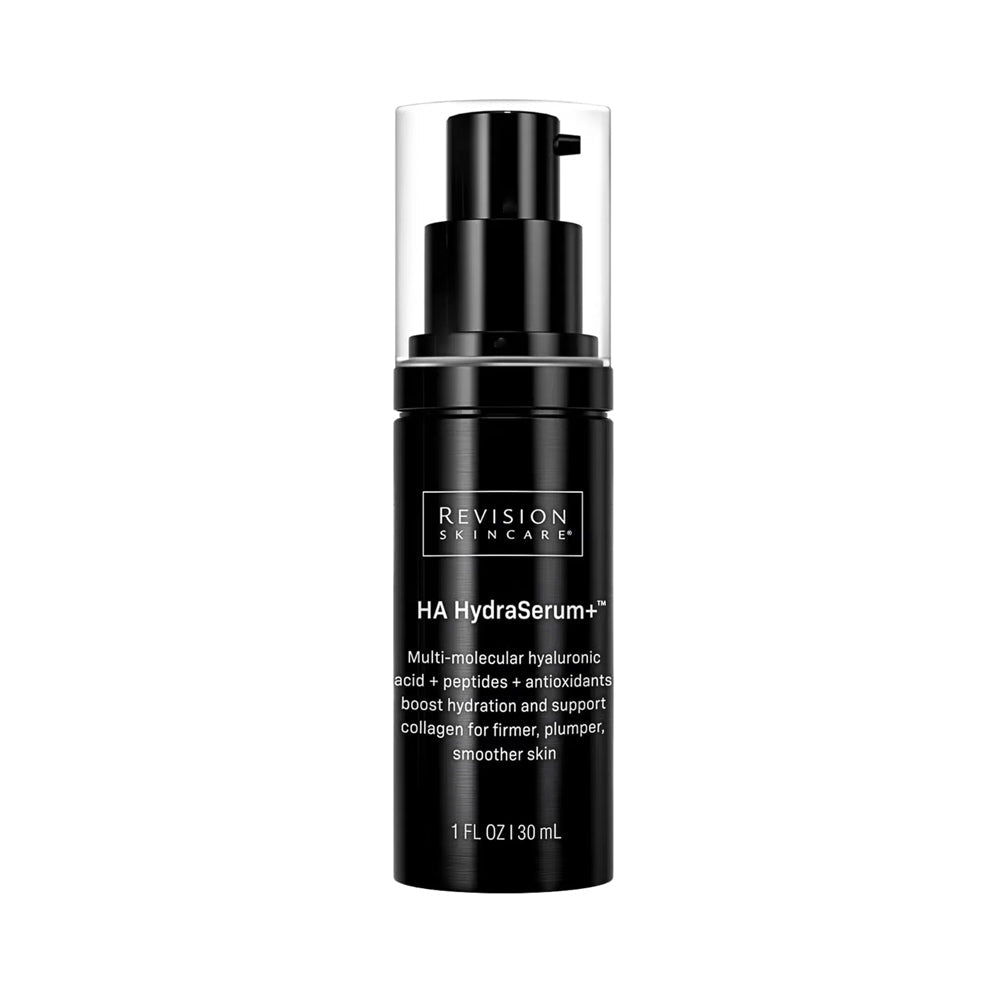 A black dispenser pump bottle of Revision Skincare HA HydraSerum+ multi-molecular hyaluronic acid with peptides and antioxidants to boost hydration and support collagen for firmer, plumper, and smoother skin, 1 fl oz.