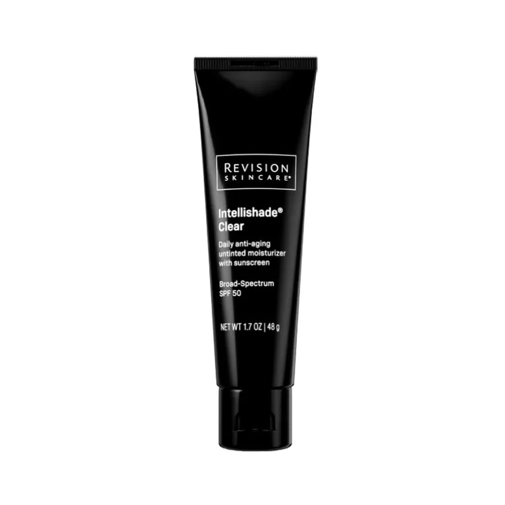 A black squeeze tube of Revision Skincare Intellishade Clear daily anti-aging untinted moisturizer with broad-spectrum SPF 50 sunscreen, 1.7 oz.