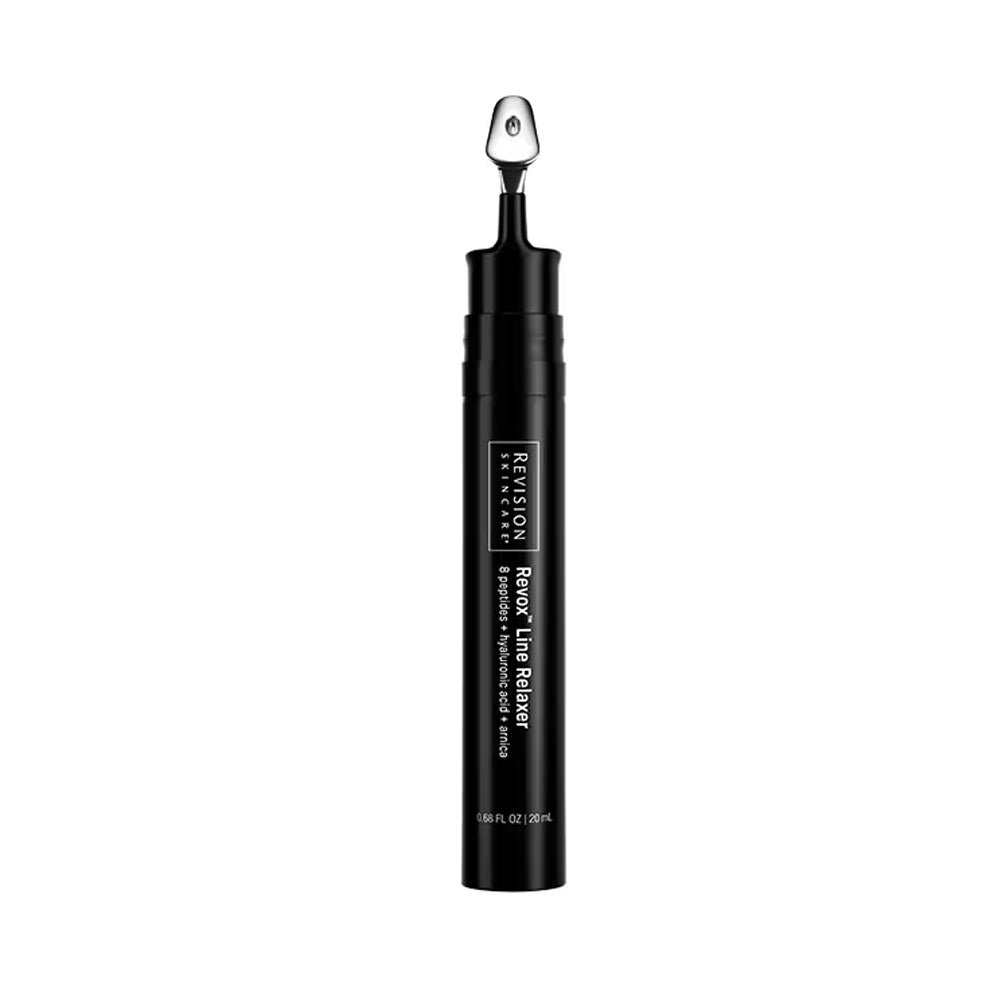 A black tube of Revision Skincare Revox Line Relaxer with 8 peptides, hyaluronic acid, and arnica.