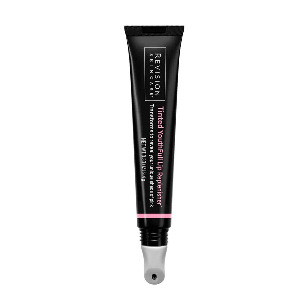 A black squeeze tube of Revision Skincare Tinted YouthFull Lip Replenisher, transforms to reveal your unique shade of pink, 0.33 oz.