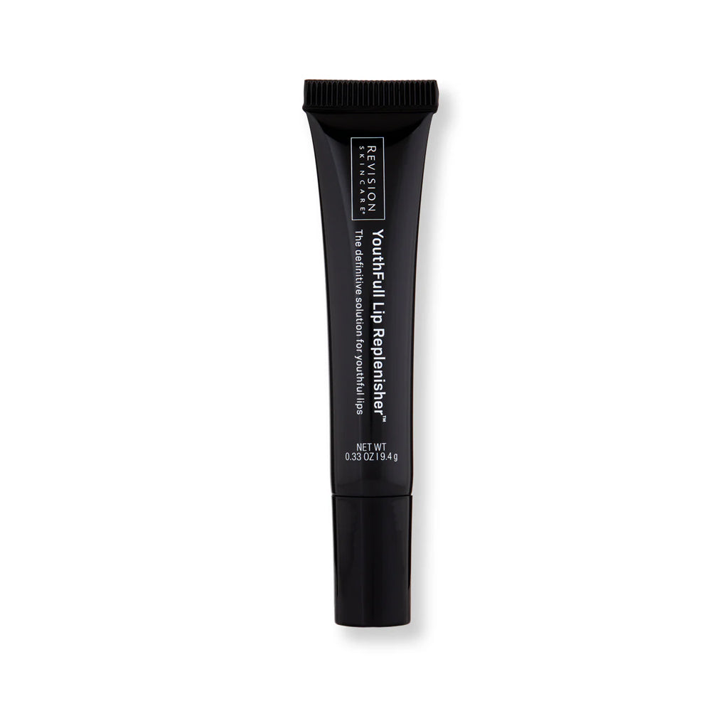 A black squeeze tube of Revision Skincare YouthFull Lip Replenisher, the definitive solution for youthful lips, 0.33 oz.