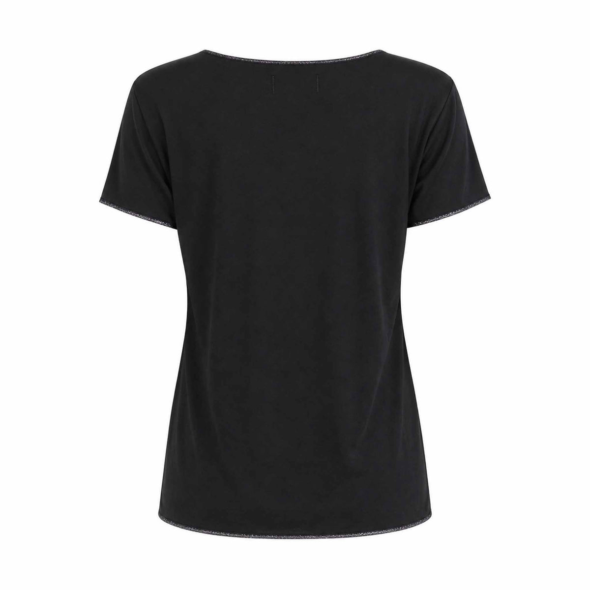 Back view of the black short-sleeve tee with a scoop neckline and metallic lurex trim along the neckline, sleeves and hem.