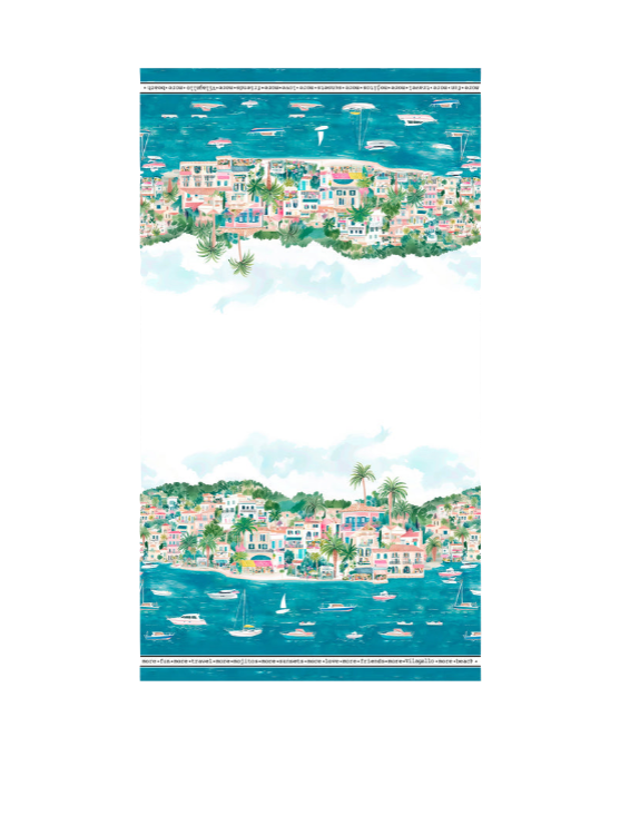 Full view of the Vilagallo Puerto Banus oversized scarf featuring an illustrated Mediterranean seaside village with colorful buildings, palm trees, sailboats, and the blue sea.