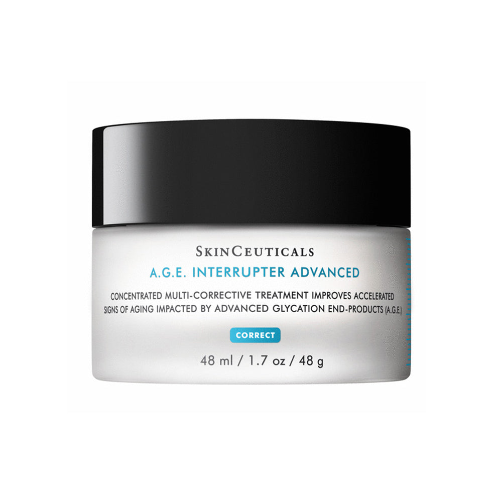SkinCeuticals A.G.E. Interrupter Advanced Correct Cream in a white jar with a black lid, on a plain white background.