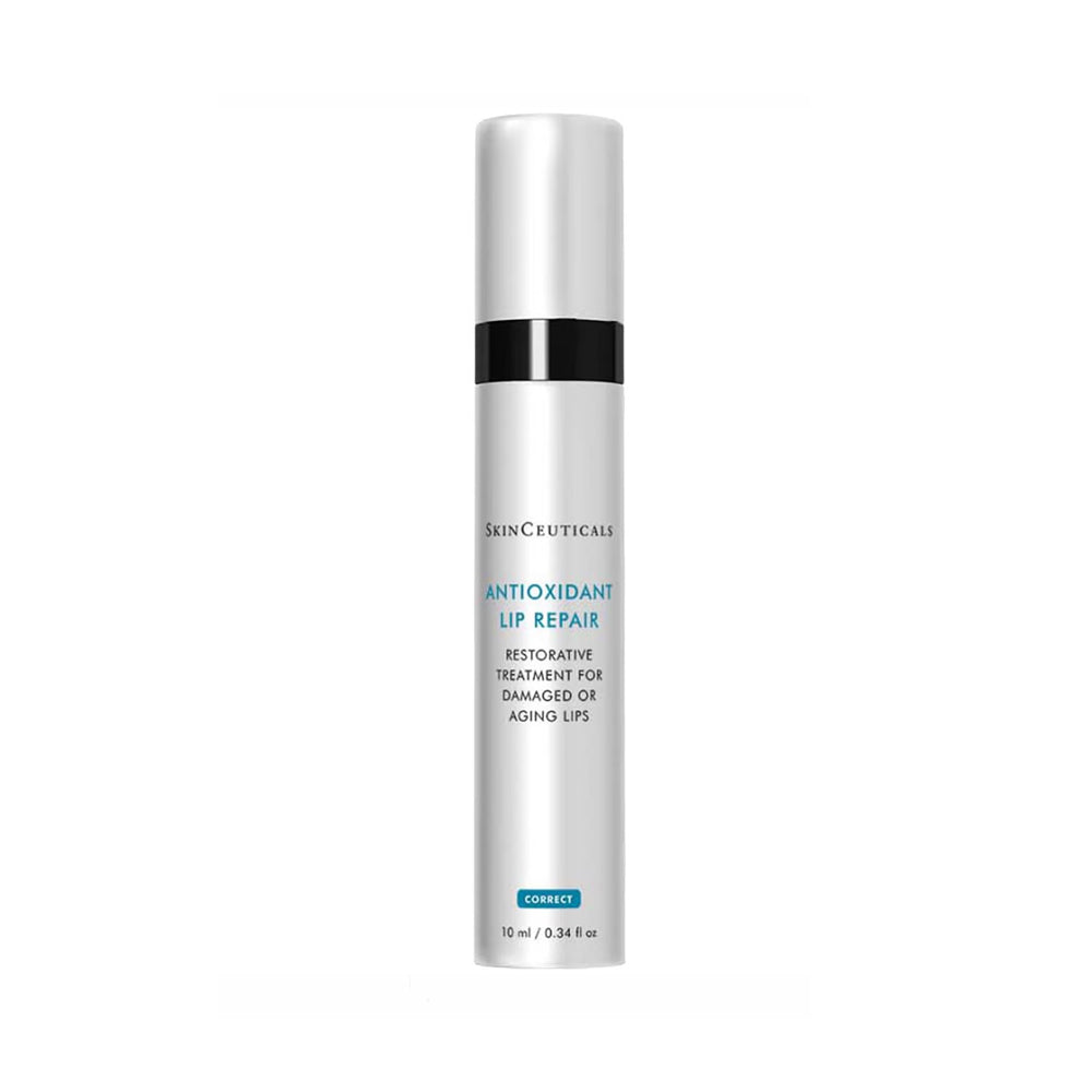 SkinCeuticals Antioxidant Lip Repair cream in a tall white cylindrical bottle with a black band and blue text, centered on a plain white background.