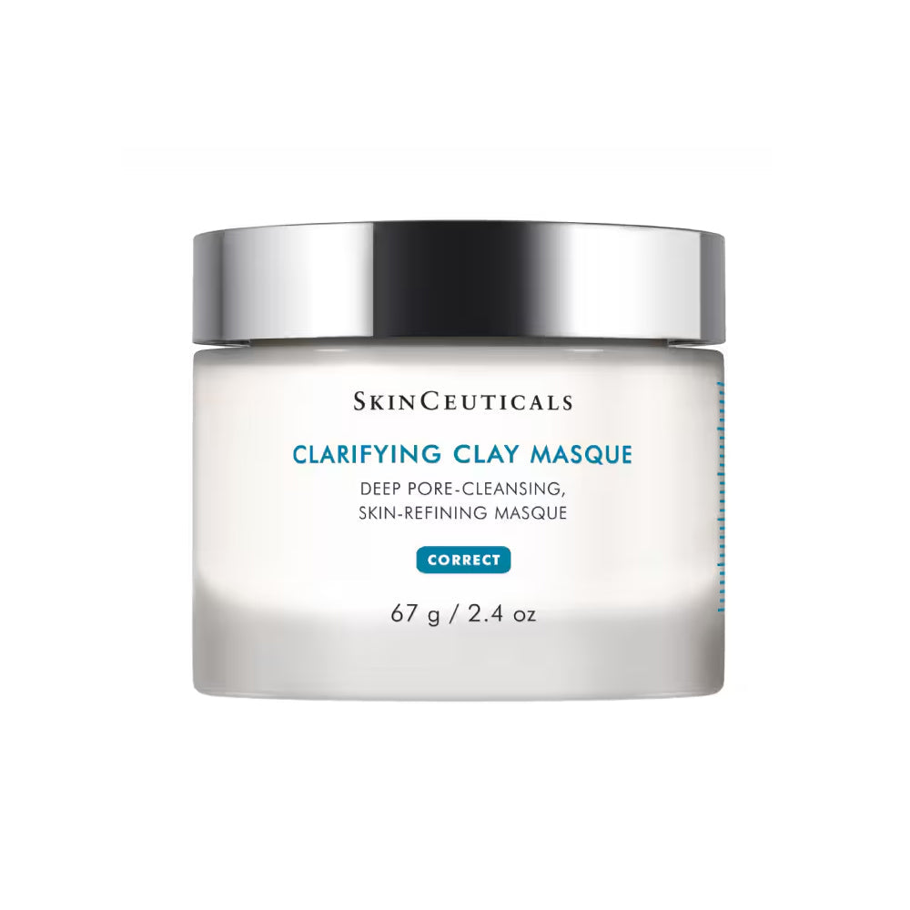 SkinCeuticals Clarifying Clay Masque Deep Pore-Cleaning, Skin-Refining Masque, in a white jar with a metallic silver lid, on a plain white background.