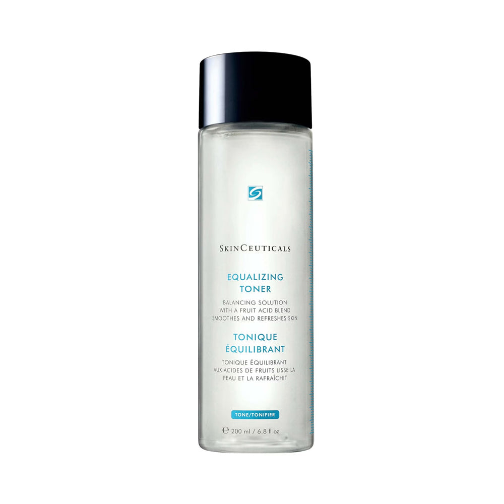 SkinCeuticals Equalizing Toner in a clear cylindrical bottle with a black cap, shown on a plain white background.