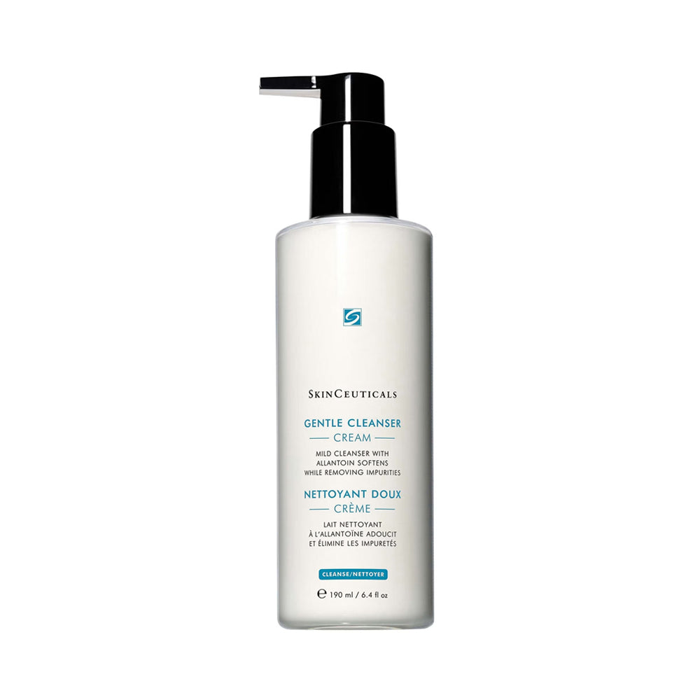 SkinCeuticals Gentle Cleanser Cream in a white pump bottle with a black dispenser, shown on a plain white background.