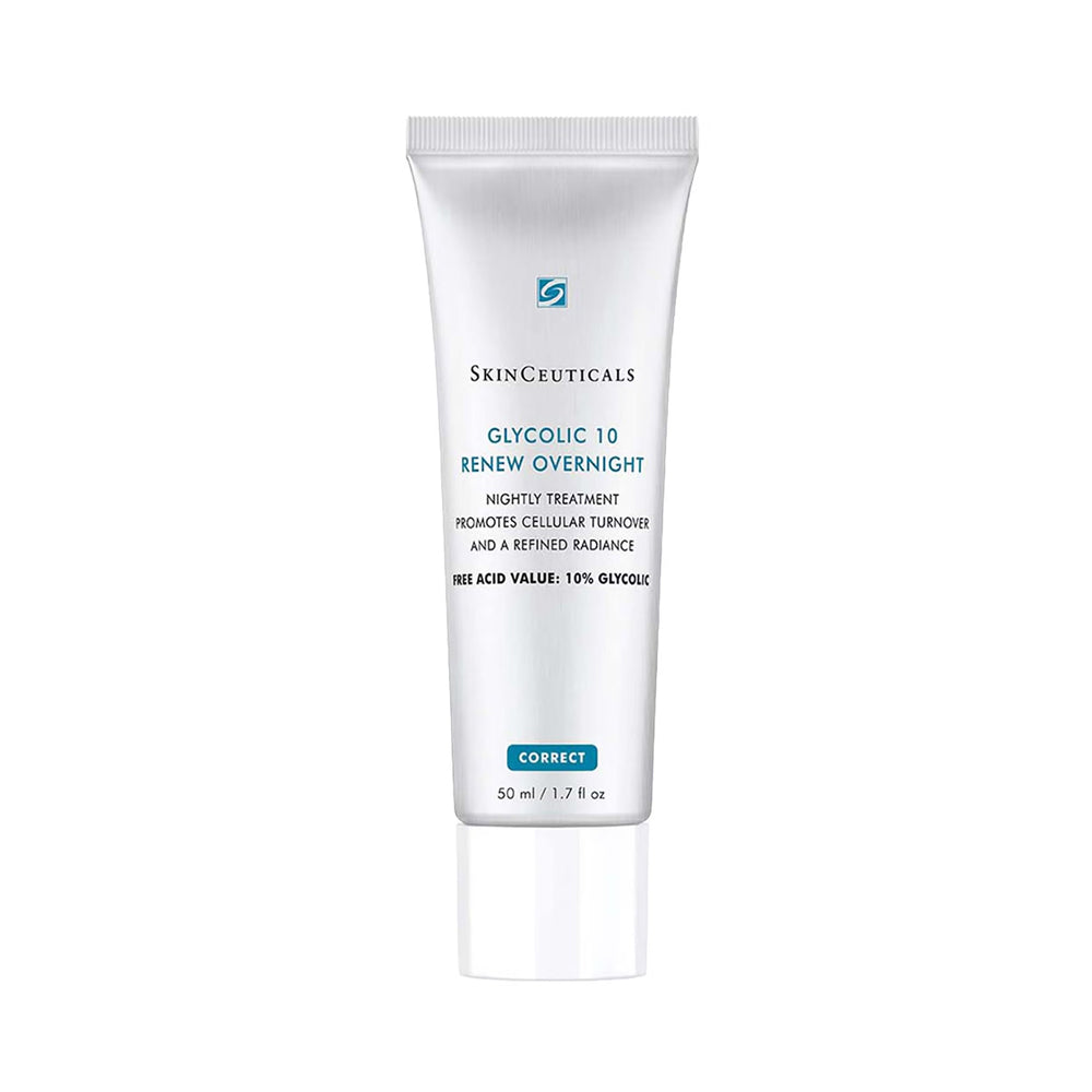 A 50 ml white squeeze tube of SkinCeuticals Glycolic 10 Renew Overnight, featuring blue and black text on a clean white background.