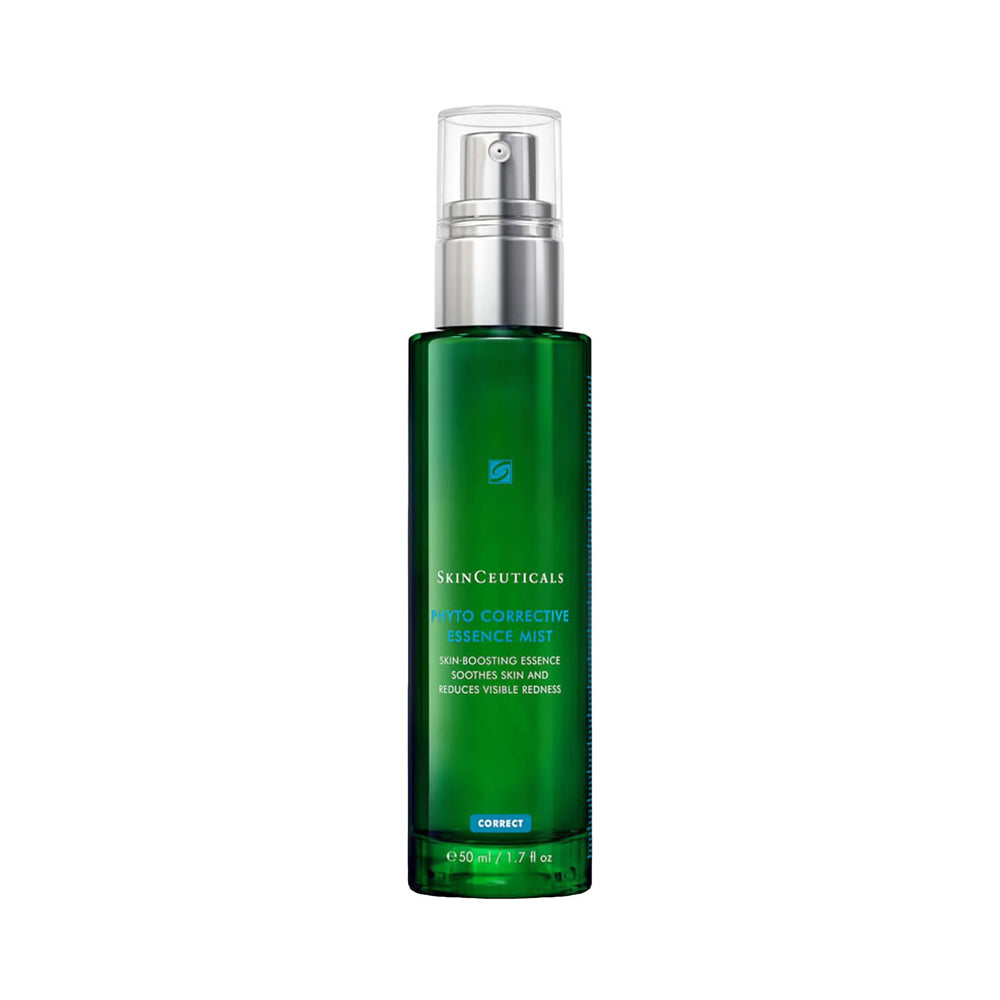 SkinCeuticals Anti Corrective Essence Mist in a glass bottle with a silver pump and clear cap, on a white background.