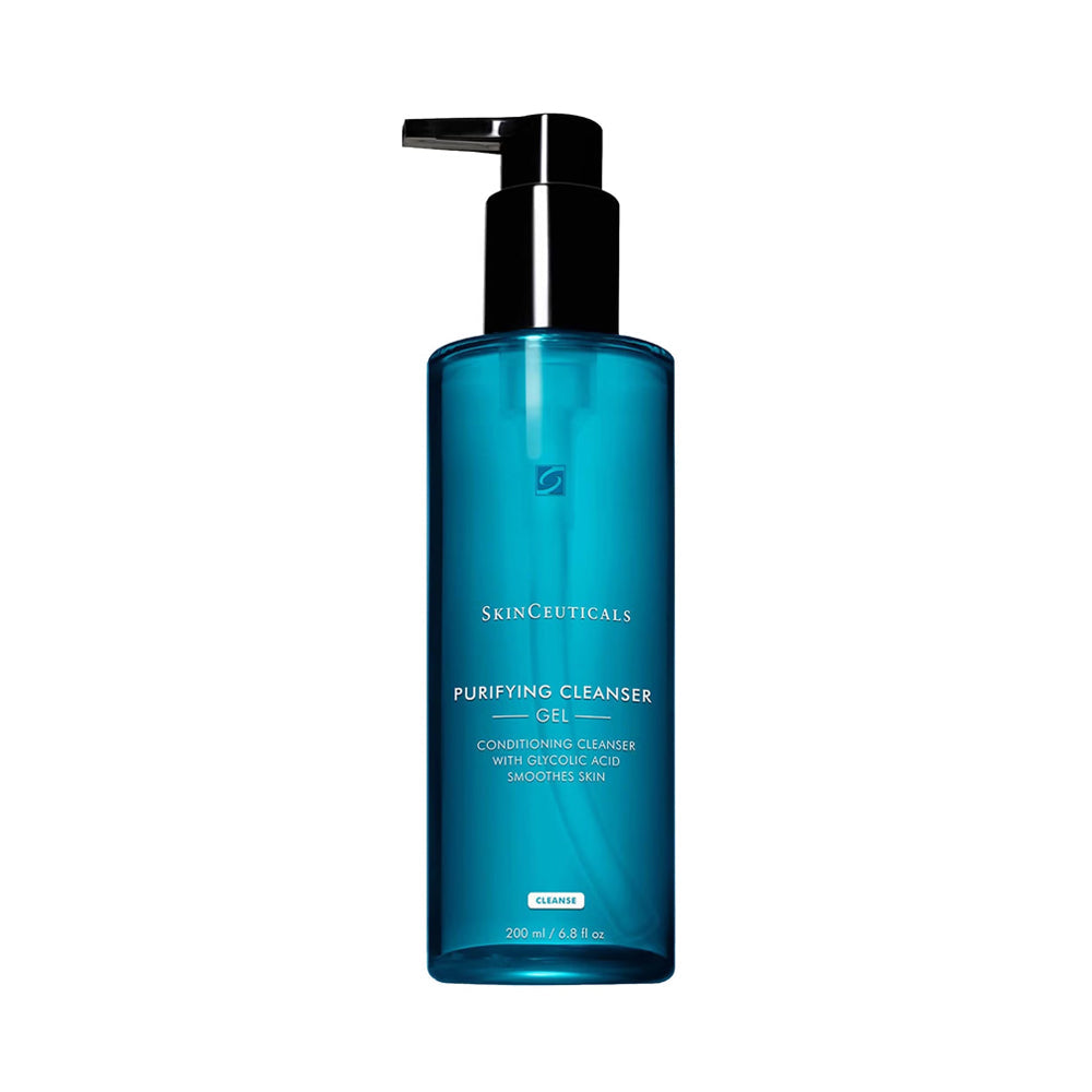 A bottle of Skinceuticals Purifying Cleanser Gel in a translucent teal blue bottle with a black pump dispenser, shown against a plain white background.