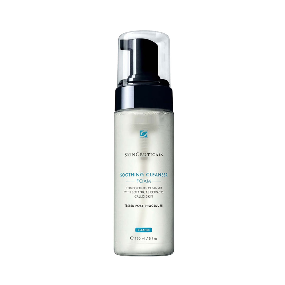 SkinCeuticals Soothing Cleanser Foam in a frosted white bottle with a black pump dispenser and clear cap, shown on a plain white background.