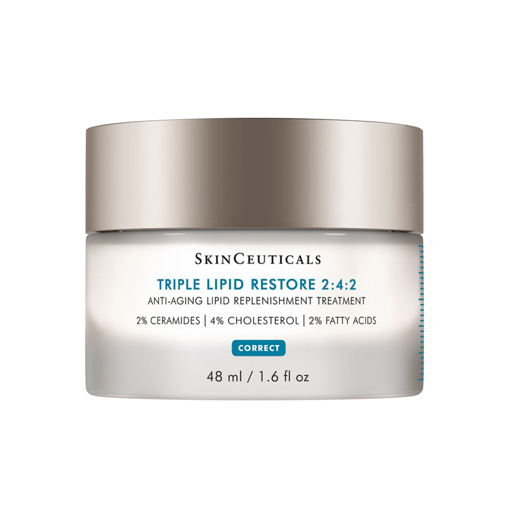 SkinCeuticals Triple Lipid Restore 2:4:2 cream jar, 48 ml, featuring a metallic silver lid and a white label with blue text, set against a plain white background.