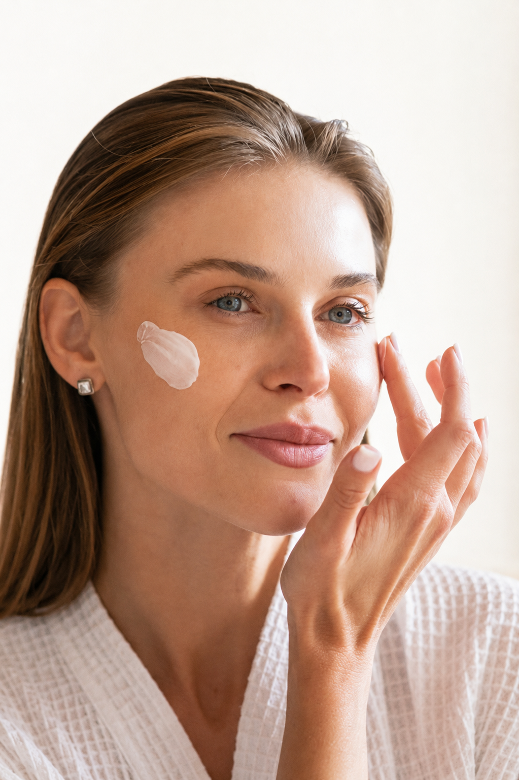 Woman in a white robe applying a lotion or cream to her face, representing skin care.