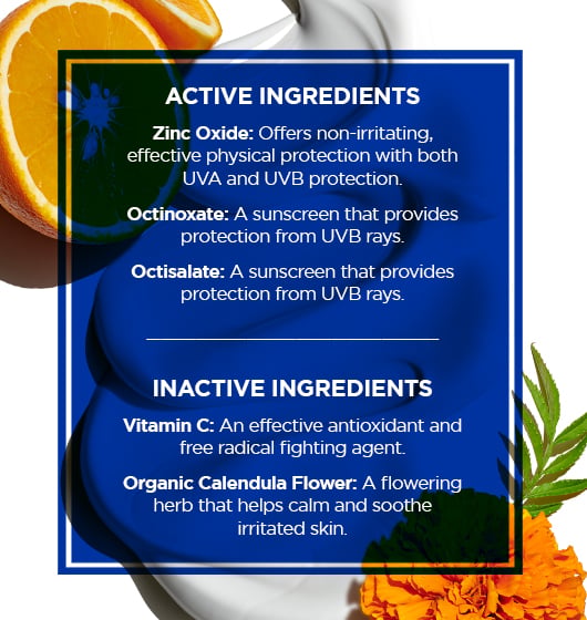 Jack Black Oil-Free Sun Guard SPF 45 ingredient infographic featuring zinc oxide, octinoxate, octisalate, vitamin C and organic calendula flower.