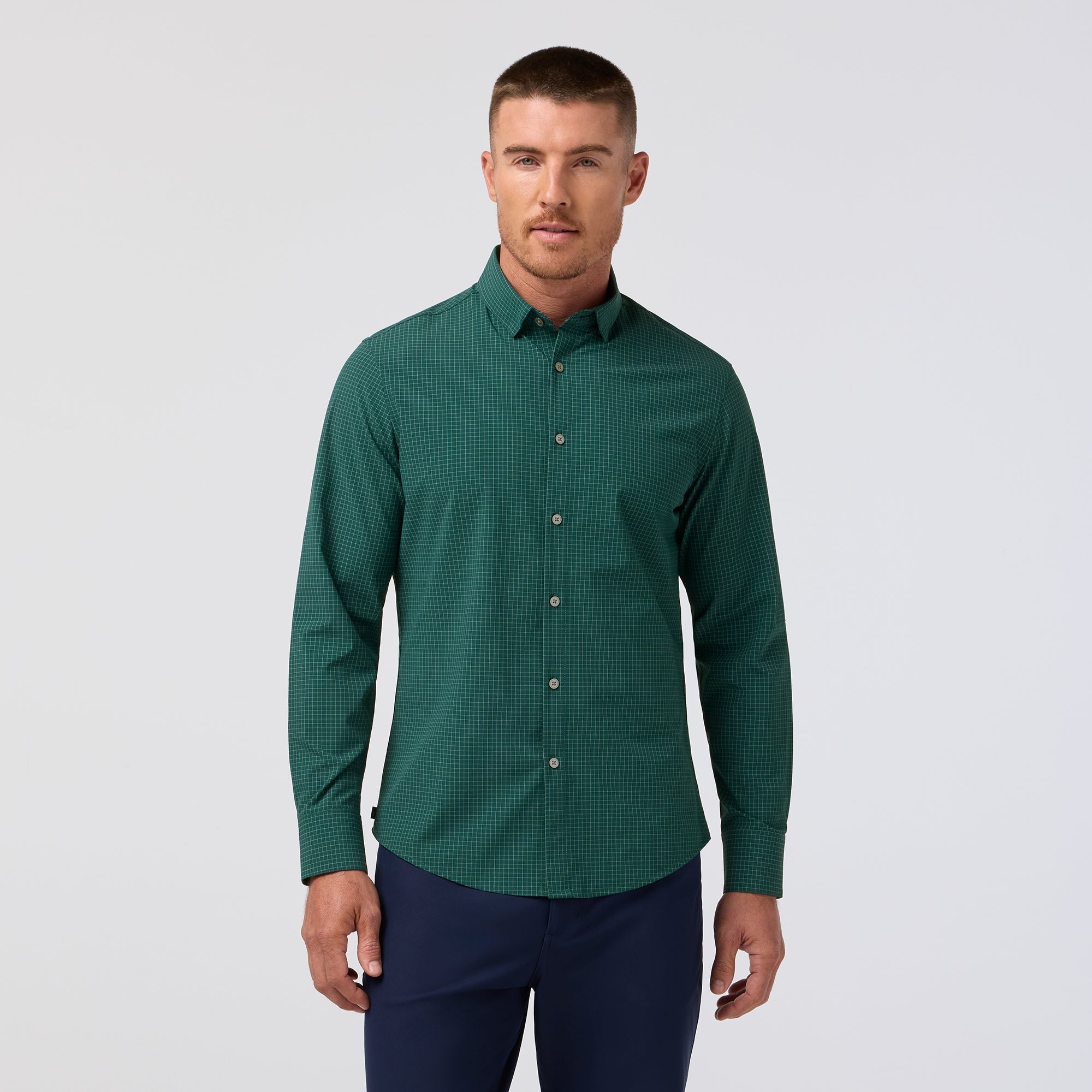 Front view of the Mizzen+Main Leeward Long Sleeve Dress Shirt (Trim Fit) in Dark Sea Noah Tattersall (deep teal and white check), highlighting the check pattern and spread collar.