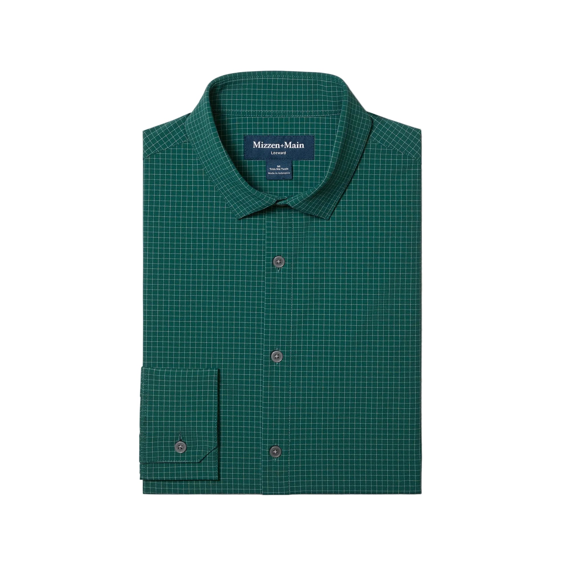Folded Mizzen+Main Leeward Long Sleeve Dress Shirt (Trim Fit) in Dark Sea Noah Tattersall (deep teal and white check), men's lightweight performance button-down shirt with four-way stretch.