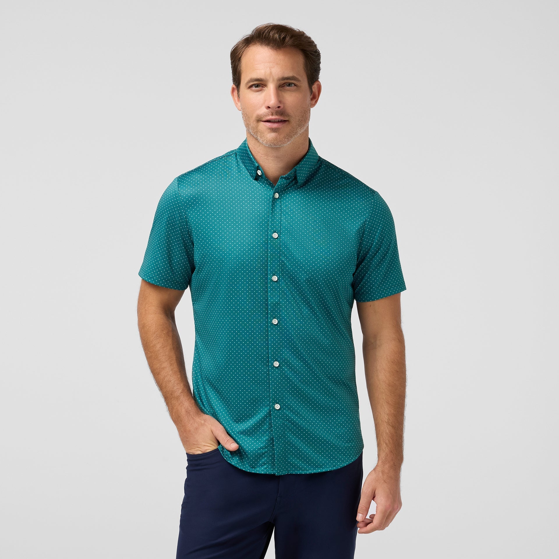 Front view of the Mizzen+Main Short Sleeve Dress Shirt in Dark Teal Dot, highlighting the dark teal and white dot pattern and tailored fit.