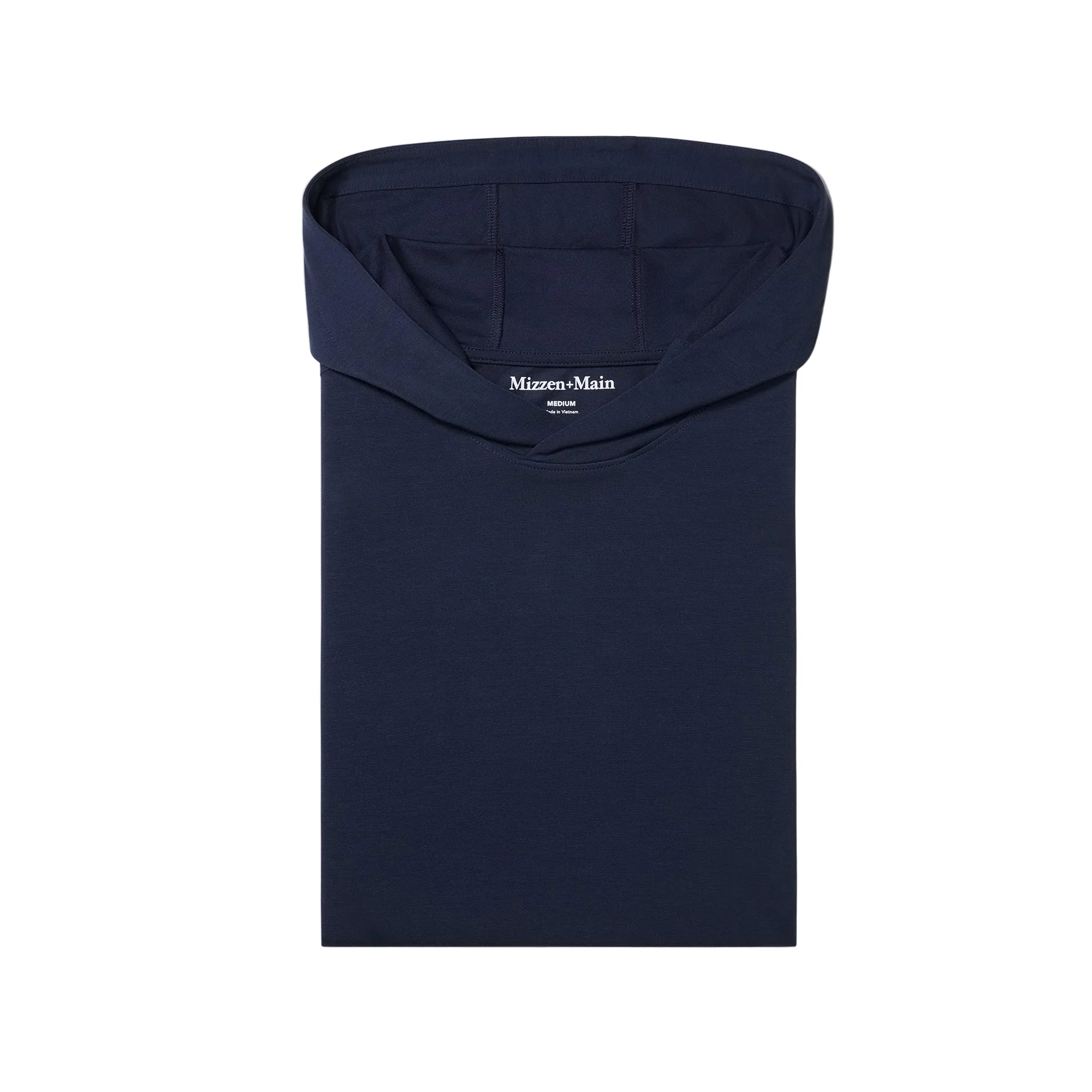 Folded Mizzen+Main Knox Hoodie in Navy, men's lightweight performance hoodie with four-way stretch for everyday comfort.