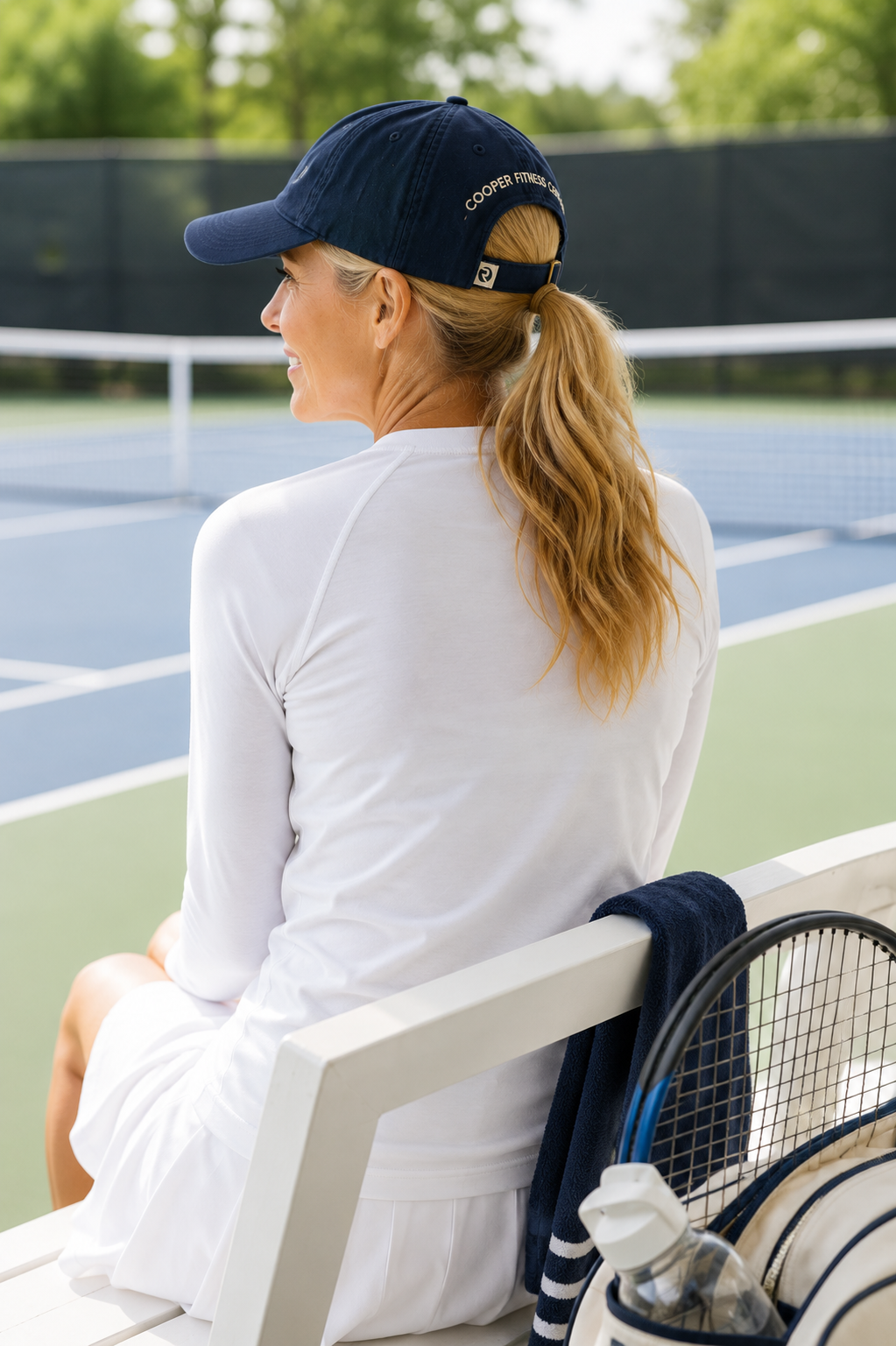 A woman sitting on a white tennis court bench, seen from behind, wearing a white tennis outfit with a navy ball cap that has "Cooper Fitness Center" embroidered on the back. A tennis racket is visible nearby.