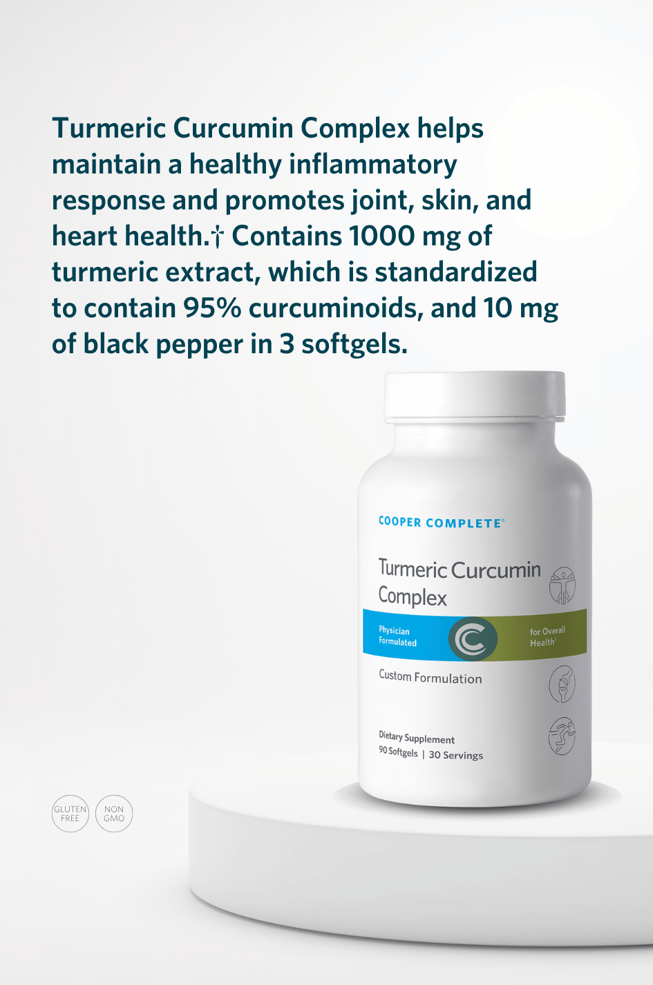 Cooper Complete Turmeric Curcumin Complex supplement bottle with key product benefits.