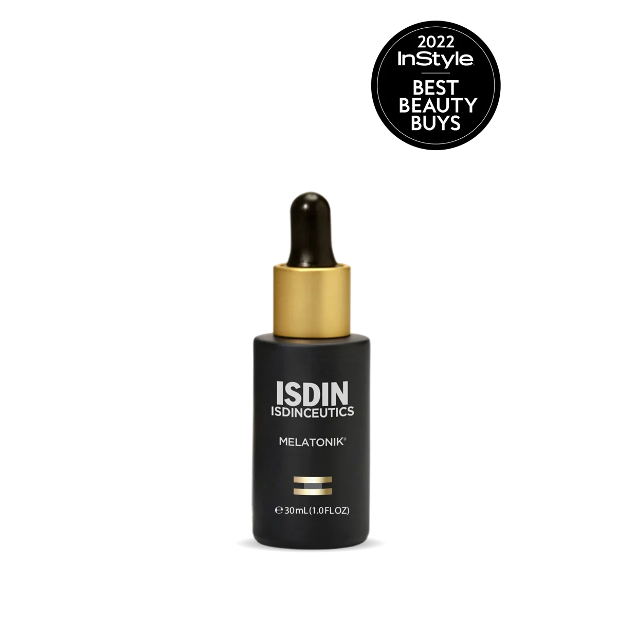 ISDIN Melatonik overnight recovery serum in a black glass dropper bottle on a white background.